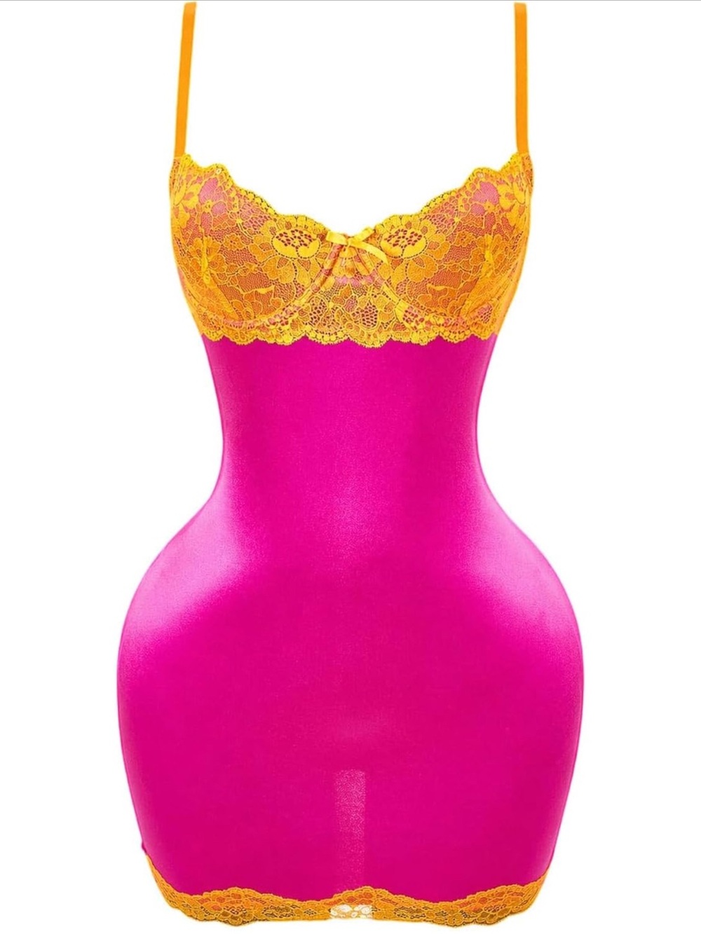 Bright Pink Slip Dress with Yellow Lace Trim